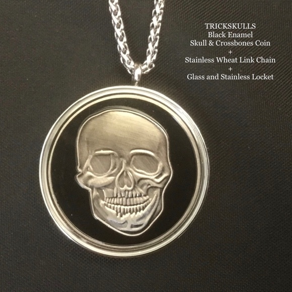 Black Enamel Skull & Crossbones Coin + Stainless Locket Custom Wheat Link Chain - Picture 8 of 9